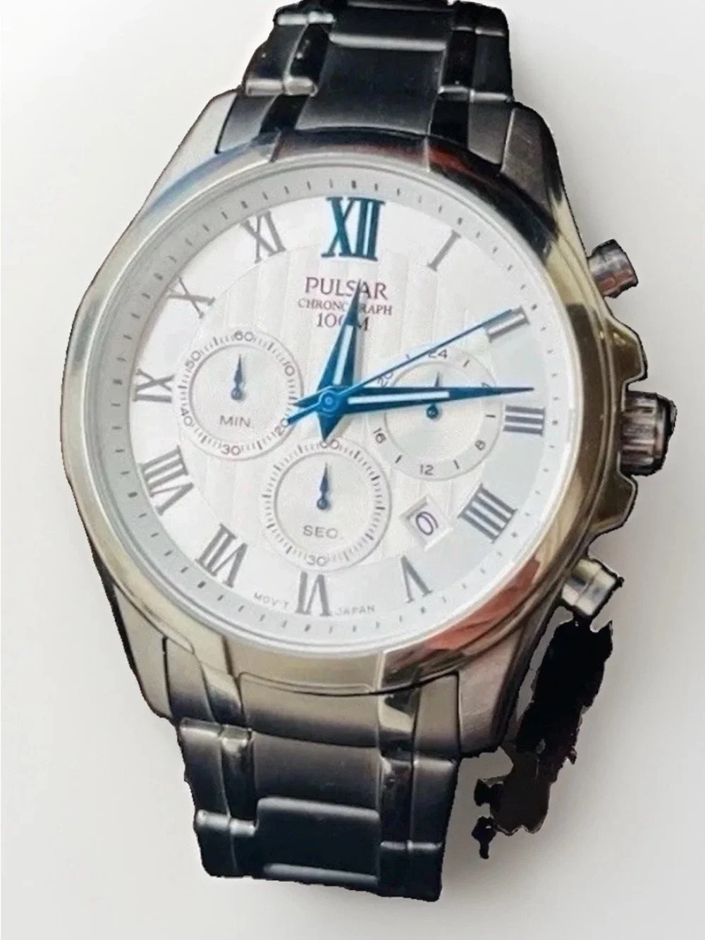 PULSAR Men’s Chronograph Watch Silver/Blue Roman Dial Stainless  VD53-X114 45mm